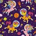 Seamless pattern with cute unicorns in space