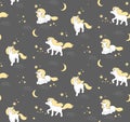 Seamless pattern with cute Unicorns, stars and moon. Vector illustration