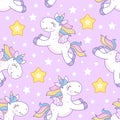 Seamless pattern with cute unicorns and stars. Vector