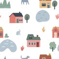 Seamless pattern with cute village houses. HAnd drawn vector illustration for kids design Royalty Free Stock Photo