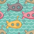 Seamless pattern with cute vintage submarines