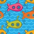 Seamless pattern with cute vintage submarines