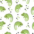 Seamless pattern with cute watercolor chameleons. Green lizards