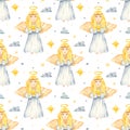 Seamless pattern with cute watercolor Christmas angels, stars, clouds Royalty Free Stock Photo
