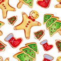 Seamless pattern of cute watercolor gingerbread sweet. Christmas gingerbread. Ginger man, Christmas tree, boot, bell. Christmas Royalty Free Stock Photo