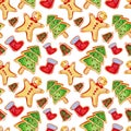 Seamless pattern of cute watercolor gingerbread sweet. Christmas gingerbread. Ginger man, Christmas tree, boot, bell. Christmas Royalty Free Stock Photo