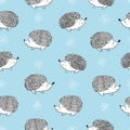 Seamless pattern with cute watercolor hedgehogs on blue.