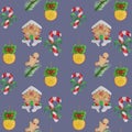 Seamless pattern of cute watercolor hristmas decorations. Handdrawn watercolour Christmas gingerbread, toys, candy cane