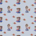 Seamless pattern. Cute watercolor illustrations. Ukrainian boy with a rose and a girl with a heart in their hands in