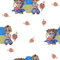 Seamless pattern. Cute watercolor illustrations. Ukrainian children - a boy with a rose and a girl with a heart