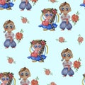 Seamless pattern. Cute watercolor illustrations. Ukrainian funny children - a boy with a rose and a girl with a heart in