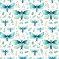 seamless pattern of cute watercolor insect moths in blue on a white background