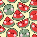 Seamless pattern of cute watermelon smile face on yellow background.Catoon character
