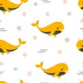 Seamless pattern with cute whale isolated on white, fish in crown Royalty Free Stock Photo