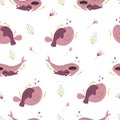 Seamless pattern with cute whale shark and manatee families. Nursery print