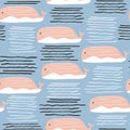 Seamless pattern with cute whales and hand drawn elements. Cute marine background.