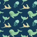 Seamless pattern, cute whales, rays and jellyfish on a green background. Pattern from sea animals. Textile, print Royalty Free Stock Photo