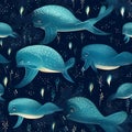 Seamless pattern with cute whales. Vector illustration in cartoon style Royalty Free Stock Photo