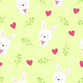 Seamless pattern of cute white bunnies on citric background with floral elements