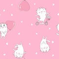 Seamless pattern with cute white cats with balloons in the shape of a heart. Valentine s day.