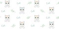 Seamless pattern with cute white cats, inscription and branches