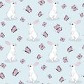 Seamless pattern with cute white bunnies and pink butterflies. Kawaii rabbit cartoon character flat vector illustration Royalty Free Stock Photo