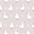Seamless pattern with cute white gooses. Domestic and wild ducks on farm. Hand drawn print. Perfect for fabric, package