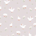 Seamless pattern with cute white gooses. Domestic and wild ducks on farm. Hand drawn print. Perfect for fabric, package