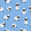 Seamless pattern with cute white sheep on blue. Royalty Free Stock Photo