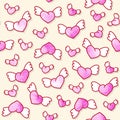 Seamless pattern with cute winged hearts. Valentine`s Day background. Vector template.