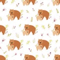 Seamless pattern with cute wombat families and field plants Royalty Free Stock Photo