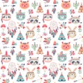 Seamless pattern with Cute Woodland boho tribal pattern, rabbit, owl, sloth, panda,bear. American indian set of