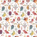 Seamless pattern with Cute Woodland owls. Funny characters with different mood. Vector illustration