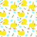 Seamless pattern, cute yellow chicks, easter eggs and leaves Print, children\'s textiles, holiday decoÃÅ½ Royalty Free Stock Photo