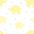 Seamless pattern of cute yellow elephants and hearts. Vector image for girl and boy. Illustration for holiday, baby shower, birthd