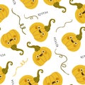 Seamless pattern of cute yellow pumpkins with a smiley face and the word Hello written on white background Royalty Free Stock Photo