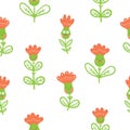 Seamless pattern with cutr cartoon peony on white background. Floral print with blubells. Anthropomorphic vector flowers. Royalty Free Stock Photo