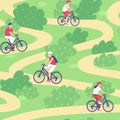 Seamless pattern of cyclists riding along the footpath in the summer