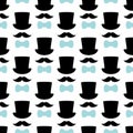 Seamless Pattern Cylinder Mustache And Bow Tie Black And Blue
