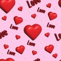 A seamless pattern of 3D hearts and the words love on a pink background Royalty Free Stock Photo