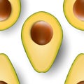 Seamless Pattern with 3d Realistic Cut Half Avocado with Seed Closeup on White Background. Design Template, Food, Health