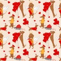 Seamless Pattern with Dachshunds dogs pulls a hearts