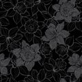 Seamless pattern with daffodils on black background. Hand-drawn