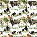 Seamless pattern with dairy cows on the glade. watercolor animal hand drawn illustration. Farm animals.