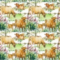 Seamless pattern with dairy cows on the glade. watercolor animal hand drawn illustration. Farm animals.