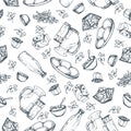 Seamless pattern dairy products, hand drawn, sketches foods.