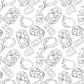 Seamless pattern with dairy products. Simple vector outline illustrations in cartoon doodle style. Carton packet of milk, kefir,