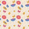 Seamless pattern with daisies with butterflies and sparkles.