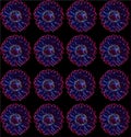 Seamless pattern daisy chamomile red blue color on black, unusual floral texture, retro vintage engrave style