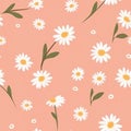 Seamless pattern with daisy flower , small white flower and green leaves on pink orange background vector illustration. Cute Royalty Free Stock Photo